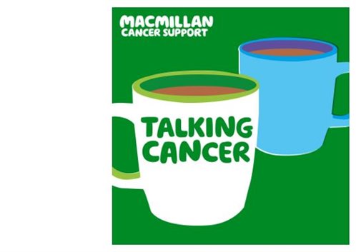  Macmillan Cancer Support image of two mugs with hot drinks in. ‘Talking Cancer’ is written on one of the mugs.