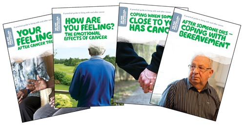 this image shows a splay of titles about coping with cancer and your emotions that are available for free from the be macmillan website