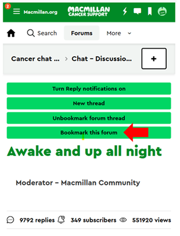 Green forum navigation buttons with a red arrow pointing to the bookmark forum button