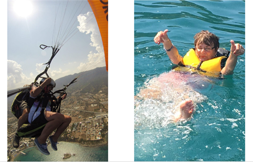 Two pictures of a lady doing different water sports. 