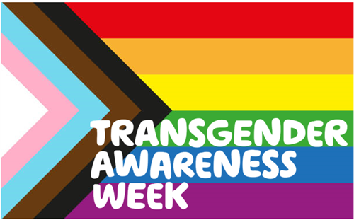 The pride flag with the rainbow colours and the words Transgender awareness week written in white