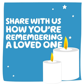 'Share with us how you're remembering a loved one' written in white over a blue background with white candles in the bottom right hand corner/