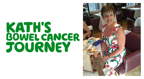 An image of a lady sitting down looking at the camera with the words 'Kath's bowel cancer journey' written in green beside her. 