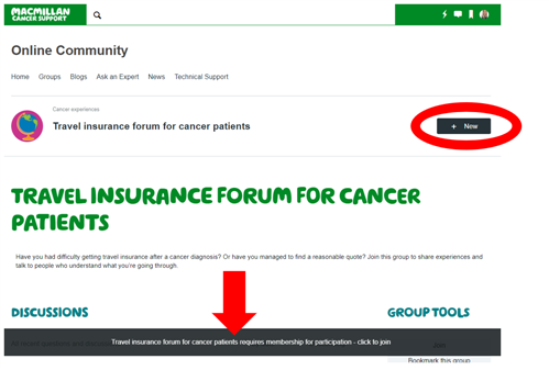 A screenshot of the Travel insurance for cancer patients forum