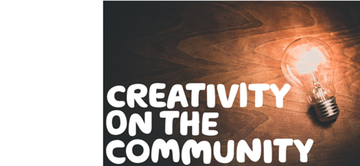  'Creativity on the Community' written in white over an abstract image of an illuminated lightbulb
