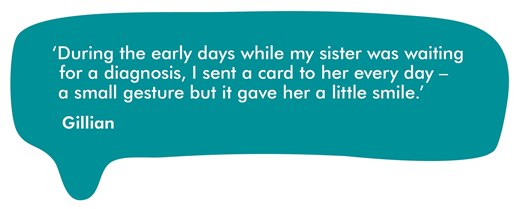 This is a quote from Gillian. It reads as follows: During the early days while my sister was stil waiting for a diagnosis, I sent a card to her every day - a small gesture but it gave her a little smile.