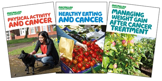 This image shows the front covers of three of our booklets on healthy living, Healthy eating and cancer, Physical activity and cancer and Managing weight gain.