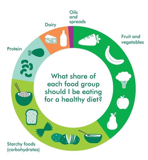 The diagram shows a plate with different food groups on it. The food types are colour coded. The plate shows the proportion of each type of food group you should be eating for a healthy, balanced diet. Fruit and vegetables and starchy foods (carbohydrates) are both equally large. Together they make up just over three quarters of the plate. The remaining quarter is made up of protein, dairy, and oil and spreads. Protein is the biggest of these. The dairy share is half the size of the protein one. The oil and spreads share is smaller. The centre of the plate has the title: ‘What share of each food group should I be eating for a healthy diet’?