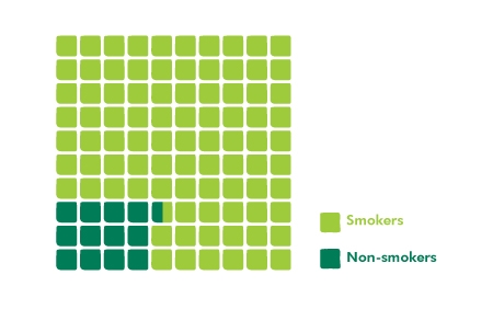 The image shows a grid of 100 squares. 12.5 of them are shaded dark green to show the percentage of non-smokers who have lung cancer. 