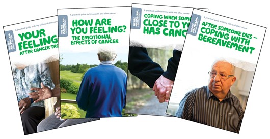 This image is of the front covers of four booklets we produce which could help someone affected by angry thoughts and feelings. The booklets are Your feelings after cancer treatment, How are you feeling? The emotional effects of cancer, Coping when someone close to you has cancer, and After someone dies, coping with bereavement.