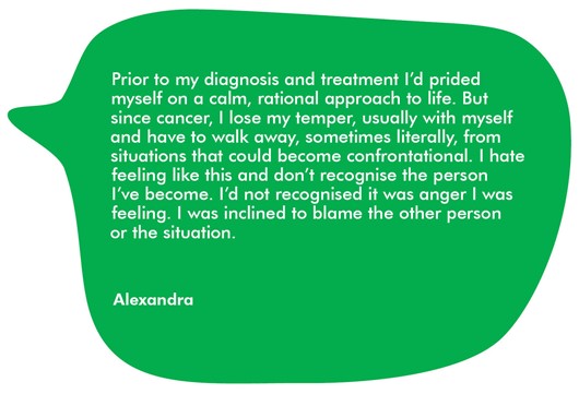 This image shows a quote from Alexandra, one of our volunteer reviewers, which reads: ‘Prior to my diagnosis and treatment I’d prided myself on a calm, rational approach to life. But since cancer, I lose my temper, usually with myself and have to walk away, sometimes literally, from situations that could become confrontational. I hate feeling like this and don’t recognise the person I’ve become. I’d not recognised it was anger I was feeling. I was inclined to blame the other person or the situation’