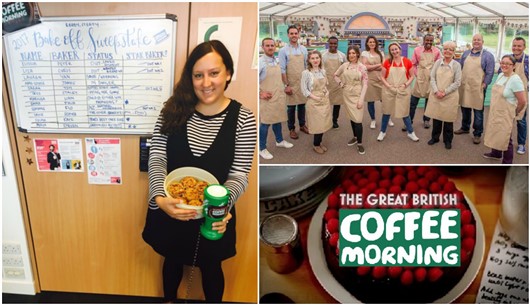 This picture contains three photos. One shows a woman holding a tin of muffins and a Macmillan fundraising tin. One shows the contestants of this year’s series of the TV show the Great British Bake-off. One shows a cake with the words “The Great British Coffee Morning”. 