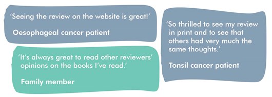 This image shows three quotes from book reviewers. They read: 'Seeing the review on the website is great!' 'It's always great to read other reviewers' opinions on the books I've read.' And 'So thrilled to see my review in print and to see that others had very much the same thoughts.'