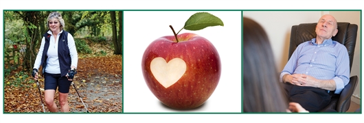 The image shows three photos: a lady out walking in the woods, an apple with a heart shape cut out of the skin and an older man leaning back in an easy chair.