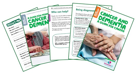 This image shows a selection of pages from our new booklets about cancer and dementia