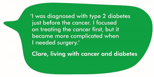 This quote shows a quote from Claire, who is living with cancer and diabetes. It reads: ‘I was diagnosed with type 2 diabetes just before the cancer. I focused on treating the cancer first, but it became more complicated when I needed surgery.’