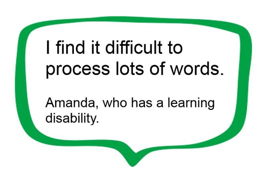 This image shows a quote from Amanda who has a leaning disability. It reads: I find it difficult to process lots of words.'