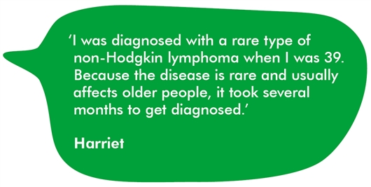 This is a quote from Harriet. She says ‘I was diagnosed with a rare type of non-Hodgkin lymphoma when I was 39. Because the disease is rare and usually affects older people, it took several months to get diagnosed.’ 