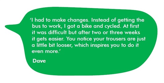 This image shows a quote from Dave: “I had to make changes. Instead of getting the bus to work, I got a bike and cycled. At first it was difficult but after two or three weeks it gets easier. You notice your trousers are just a little bit looser, which inspires you to do it even more.” 