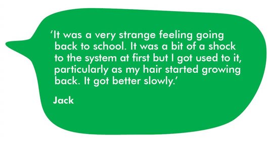 This image shows a quote from Jack which reads: ‘It was a very strange feeling going back to school. It was a bit of a shock to the system at first but I got used to it, particularly as my hair started growing back. It got better slowly.‘It was a very strange feeling going back to school. It was a bit of a shock to the system at first but I got used to it, particularly as my hair started growing back. It got better slowly.’