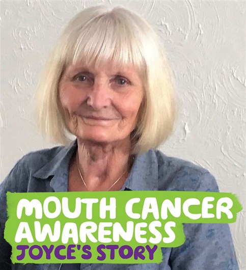 This image shows a photo of Joyce, who wrote this blog. And a banner which reads Mouth Cancer Awareness Month - Joyce's Story