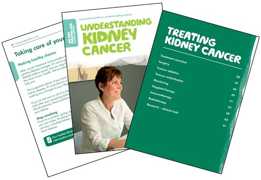 Image shows three pages from the booklet Understanding kidney cancer. It shows the front cover, featuring a middle-aged woman (Eileen). Another page is the contents list for the chapter on treating kidney cancer and the final page shows information about taking care of yourself.