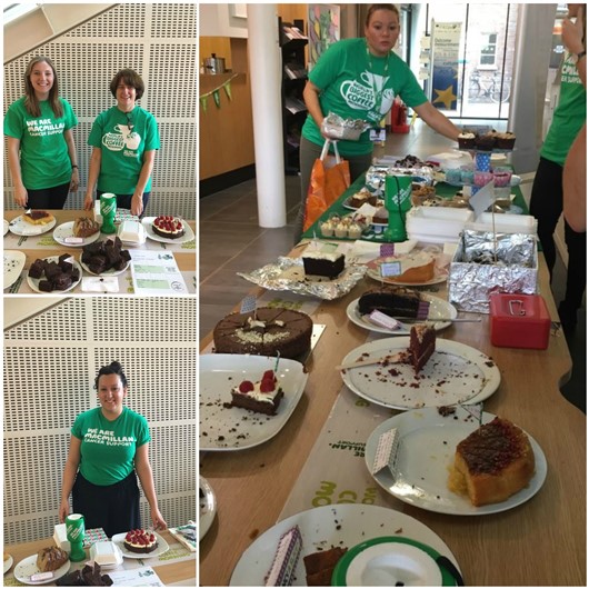This picture contains three photos. One shows two smiling women wearing green Macmillan T-shirts and standing behind a table with cakes on it. One shows one smiling woman wearing green Macmillan T-shirts and standing behind a table with cakes on it. One shows large table full of cakes, with a woman wearing a green Macmillan T-shirt picking up a cake to buy.