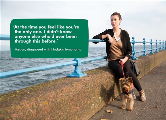 This image shows a photo of Megan with her dog. There is a quote from her which reads: 'At the time you feel like you're the only one. I didn't know anyone else who'd ever been through this before.'