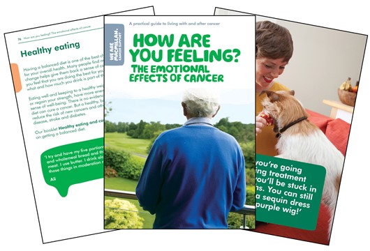 This image shows three pages from our booklets about healthy eating and the emotional effects of cancer. 