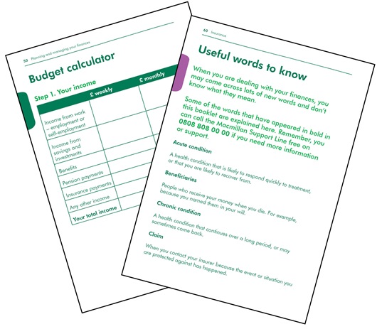 This image shows two example pages from our financial booklets. There is a page about useful words to know, and a page which has a budget calculating table on it. 