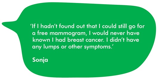 This image shows a quote from Sonja which says 'If I hadn't found out that I could still go for a free mammogram, I would never have known I had breast cancer. I didn't have any lumps or other symptoms.'