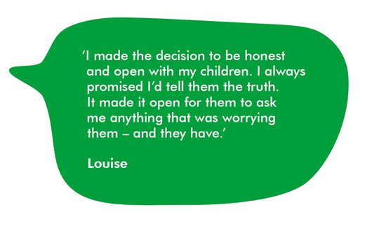 This image shows a quote from Louise which reads: I made the decision to be honest and open with my children. I always promised I'd tell them the truth. It made it open for them to ask anything that was worrying them - and they have. 