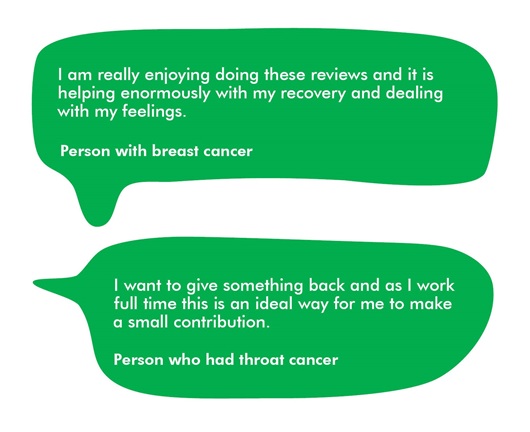 This image shows two more quotes from book reviewers. The first quote says 'I am really enjoying doing these reviews and it is helping enormously with my recovery and dealing with my feelings.' The second quote says 'I want to give something back and as I work full time this is an ideal way for me to make a small contribution.'