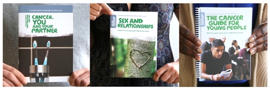 Image of three Macmillan booklets entitled 'Cancer, you and your partner', 'Sex and relationships - support for young people affected by cancer' and 'The cancer guide for young people'