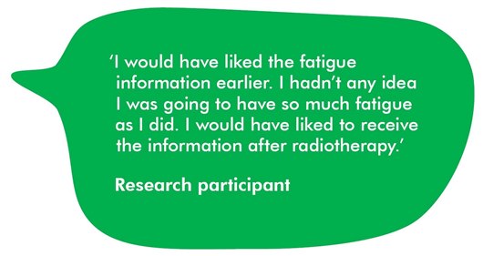 The image shows a quote from a research participant which reads: ‘I would have liked the fatigue information earlier. I hadn’t any idea I was going to have so much fatigue as I did. I would have liked to receive the information after radiotherapy.’