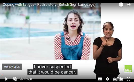 This image shows a screenshot of the Coping with fatigue video Ruth's story, with a BSL signer in the bottom corner.