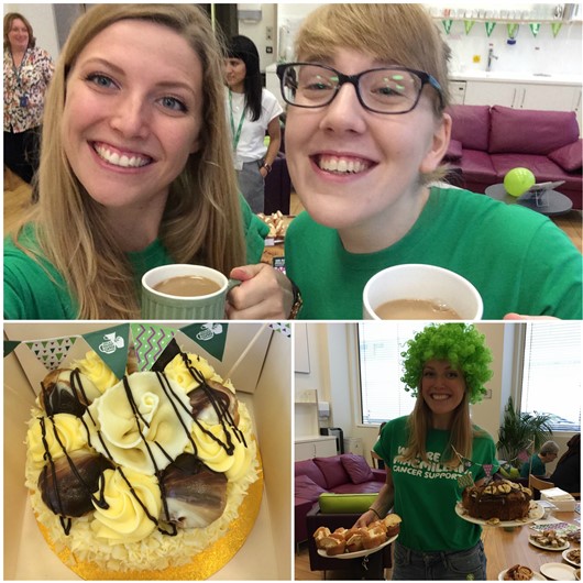 This picture contains three photos. One shows two smiling women wearing green Macmillan T-shirts and holding mugs of tea. One shows a cake with yellow icing. One shows a smiling woman wearing a green Macmillan T-shirt and wig, holding two cakes. 