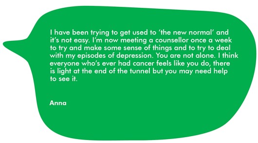 Quote from Anna which reads: I have been trying to get used to 'the new normal' and it's not easy. I'm now meeting a counsellor once a week to try and make sense of things and to try to deal with my episodes of depression. You are not alone. I think everyone who's ever had cancer feels like you do, there is light at the end of the tunnel but you may need help to see it.'