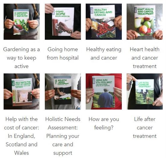 This image shows the front covers of eight information resources that we produce in eBook format: Gardening as a way to keep active, Going home from hospital, Healthy eating and cancer, Heart health and cancer treatment, Help with the cost of cancer, Holistic needs assessment, How are you feeling? The emotional effects of cancer, and Life after cancer treatment