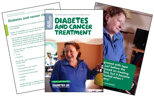 This image shows three pages from our booklet Diabetes and cancer.