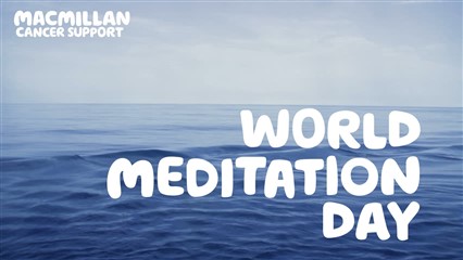 Banner image showing a calm sea and the words World Meditation Day in white overlaid on top