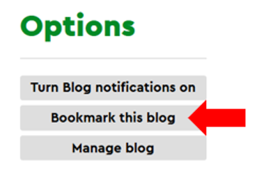 Blog options buttons with a red arrow pointing to the bookmark this blog button