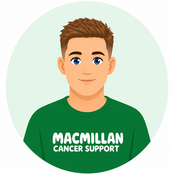 Cartoon-style profile illustration of a smiling person with short brown hair, blue eyes and a green Macmillan Cancer Support T-shirt