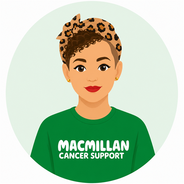 Cartoon-style profile illustration of a smiling person with short curly hair, a leopard-print headband, gold stud earrings, and a green Macmillan Cancer Support T-shirt.