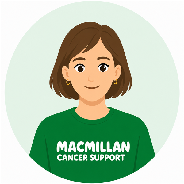 Cartoon-style profile illustration of a smiling person with a short brown bob, gold hoop earrings, and a green Macmillan Cancer Support T-shirt.