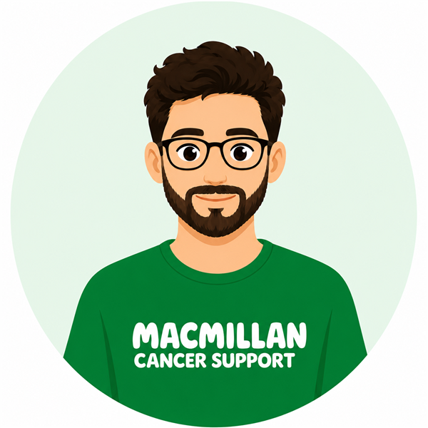 Cartoon-style profile illustration of a smiling person with short dark hair, black-framed glasses, a beard, and a green Macmillan Cancer Support T-shirt.