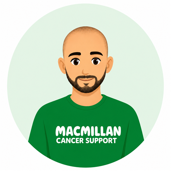 "Cartoon-style profile illustration of a smiling bald person with a beard wearing a green Macmillan Cancer Support T-shirt.