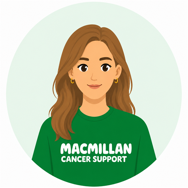 Cartoon-style profile illustration of a smiling person with brown shoulder length hair, gold hoop earrings, and a green Macmillan Cancer Support T-shirt