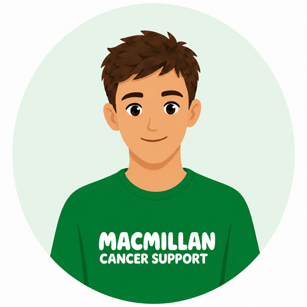 Cartoon-style profile illustration of a smiling person with short brown hair and a green Macmillan Cancer Support T-shirt