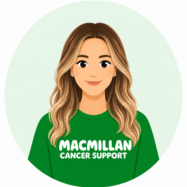 Cartoon-style profile illustration of a smiling person with long brown hair featuring blonde highlights, stud earrings, and a green Macmillan Cancer Support T-shirt.